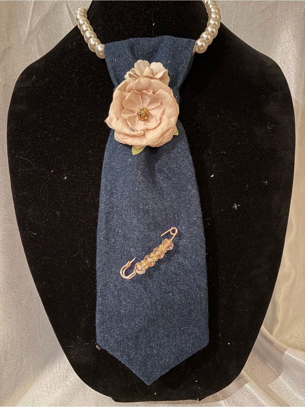 Blue Denim Navy Fabric Tie and Blush Flower Accent with Gold-tone Decorative Pin